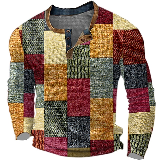  Gráfico Xadrez Bloco de cor Moda Designer Básico Homens Impressão 3D Camisa Waffle Henley Estilo casual Estilo Clássico Ao ar livre Diário Camiseta Amarelo Azul Verde Manga Longa Henley Camisa