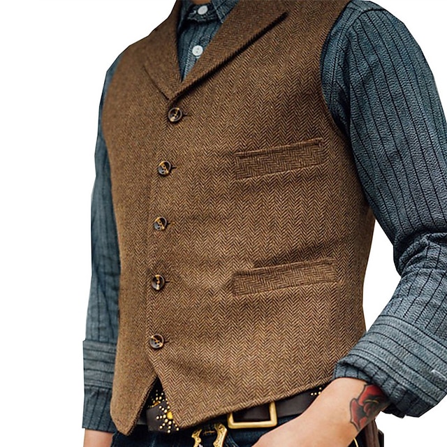  Men's Vest Waistcoat Wedding Event / Party Holiday Wedding Party Vintage 1920s Spring Fall Pocket Polyester Breathable Pure Color Single Breasted V Neck Regular Fit Black Army Green Light Grey Green
