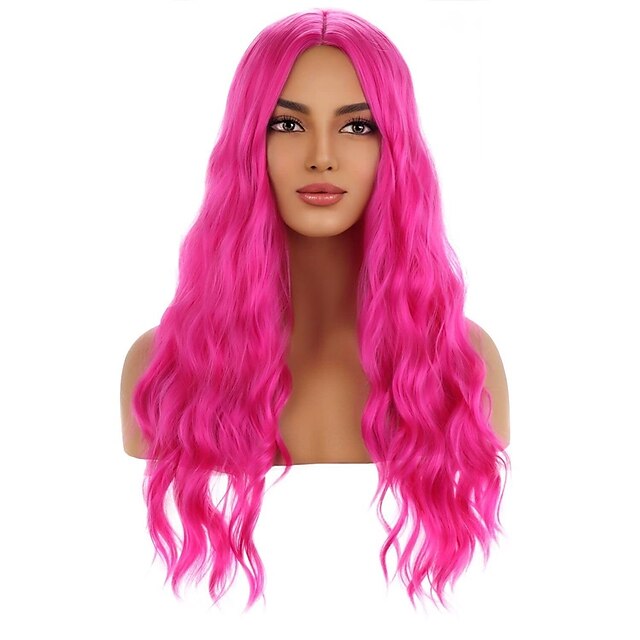  parrucca rosa caldo parrucca magenta lunghe parrucche rosa ondulate ricci per le donne ragazze parte centrale parrucche sintetiche resistenti al calore ad alta densità