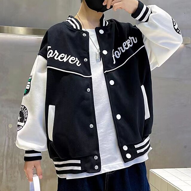 Kids Boys' Baseball Jackets Outerwear Color Block Stripe Letter Long Sleeve Pocket Coat School Sports Fashion Streetwear Black Green Fall Winter 7-13 Years2