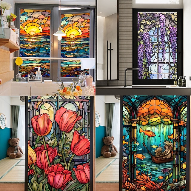  Stained Glass Window Privacy Film, UV Blocking Window Film, Colorful Flower Pattern Door Covering for Bathroom Office Kitchen Window Home Decor