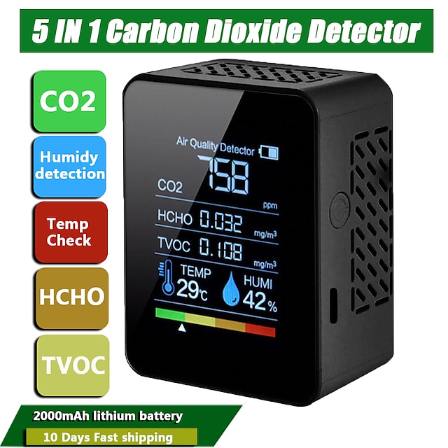  6 in 1 luchtkwaliteit detector kooldioxide detector pm2.5 pm10 hcho tvoc co formaldehyde monitor lcd-scherm kooldioxide sensor meter