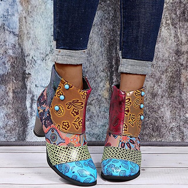 Bohemian Floral Embossed Ankle Boots for Women, Retro Ethnic Style ...