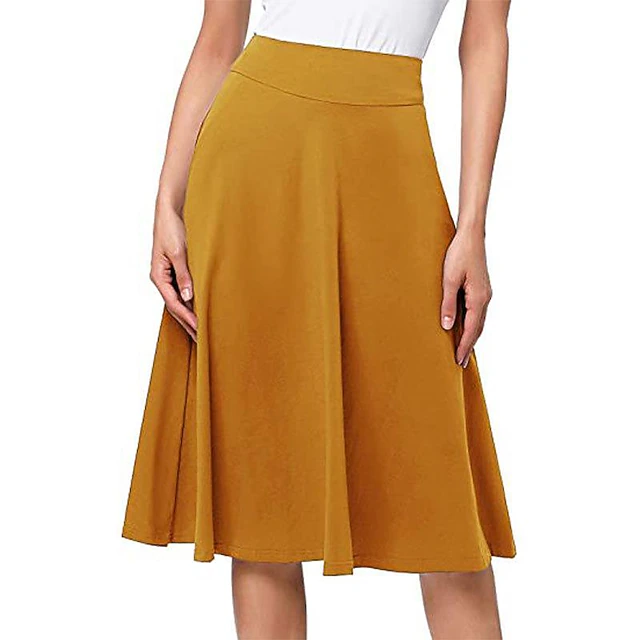 Women's Skirt A Line Knee-length High Waist Skirts Pleated Ruffle Solid Colored Maillard Street Daily Spring Fashion Casual Wine Black Yellow Dark Green 8