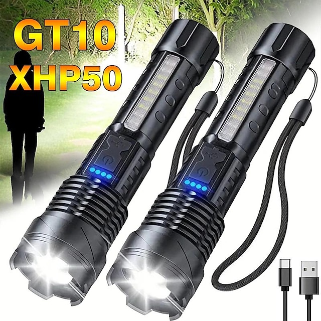  LED Flashlight 7-Light Modes XHP50/GT10 Waterproof Zoomable Rechargeable for Camping Fishing Hiking Hunting Emergency Use