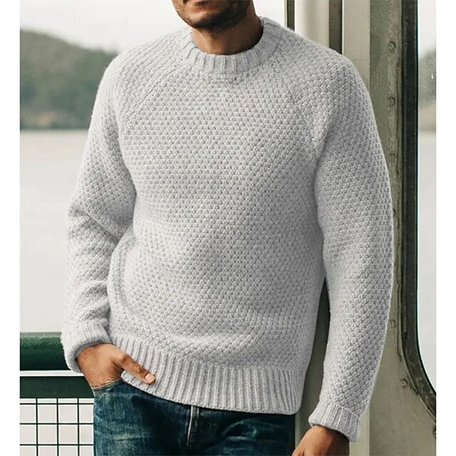 Men's Pullover Sweater Jumper Fall Sweater Jumper Ribbed Crochet Knit Regular Knitted Plain Crew Neck Retro Work Daily Wear Clothing Apparel Winter Black White M L XL 9