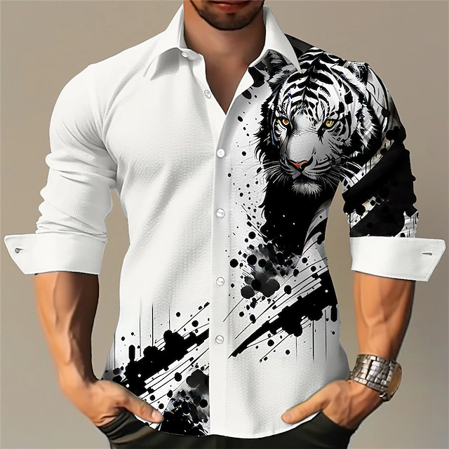Men's Animal Tiger Eagle Shirt Button Up Shirt Long Sleeve Fashion Streetwear Designer Outdoor Casual Daily Fall Winter Autumn / Fall Turndown Print Black White3