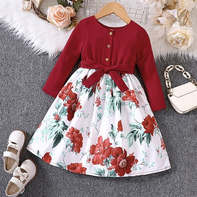  Kids Girls' Dress  Floral Lace up Button Polyester Long Sleeve Spring Fall Red Navy Blue Floral Dress Casual Dress Swing Dress A Line Dress Outdoor Casual  Fashion Cute Daily Midi 3-10 Years