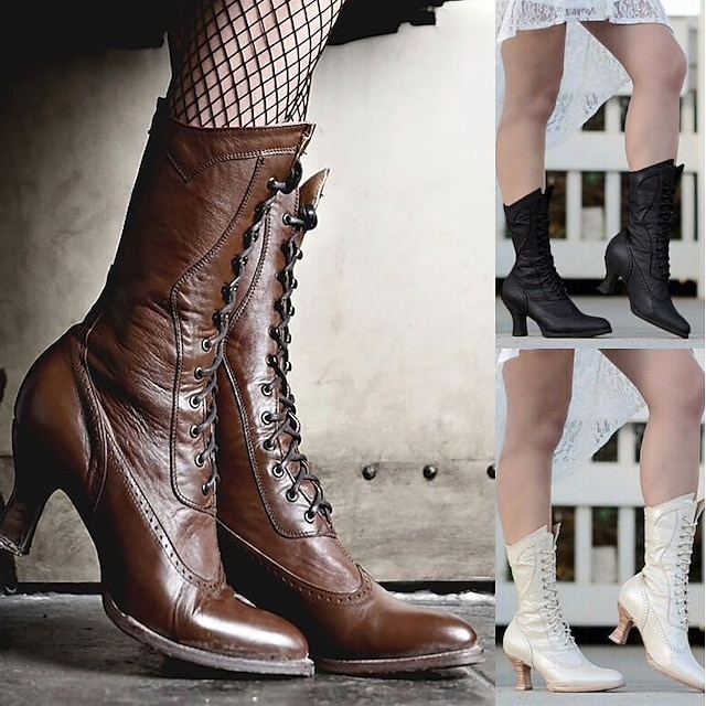  Women's Brown Faux Leather Victorian Lace-Up Boots with Low Heel - Classic and Elegant for Cosplay, Costume Parties, and Vintage-Inspired Outfits