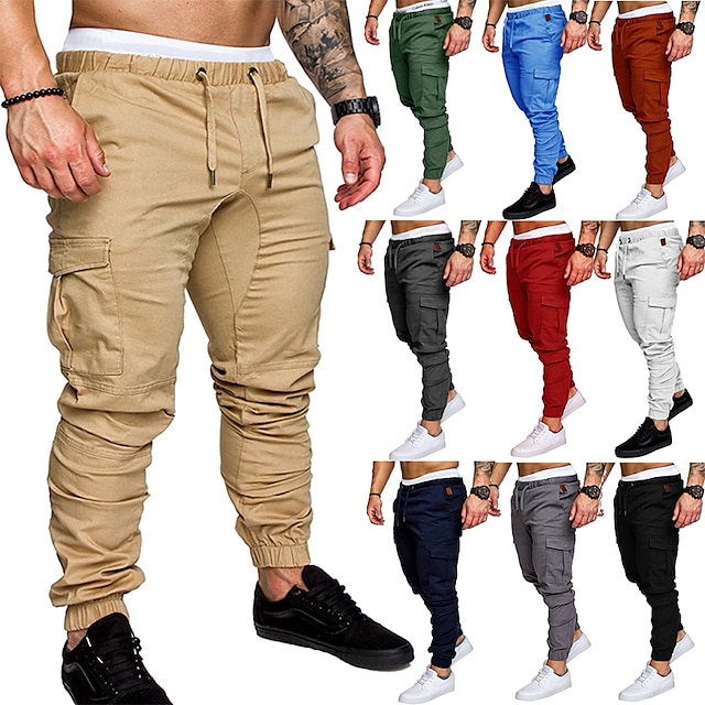  Men's Cargo Pants Cargo Trousers Casual Pants Drawstring Multi Pocket Solid Colored Full Length Daily 100% Cotton Basic Casual Slim Black White Mid Waist Micro-elastic