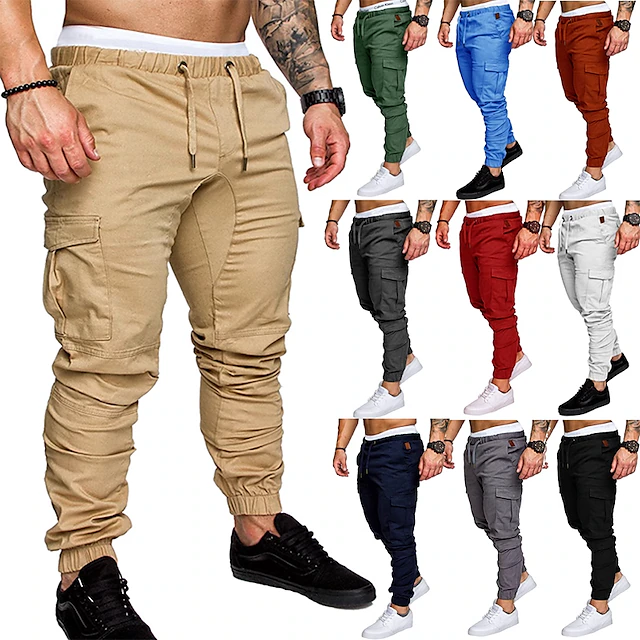Men's Cargo Pants Cargo Trousers Casual Pants Drawstring Multi Pocket Solid Colored Full Length Daily Basic Casual Slim Black White Mid Waist Micro-elastic 10