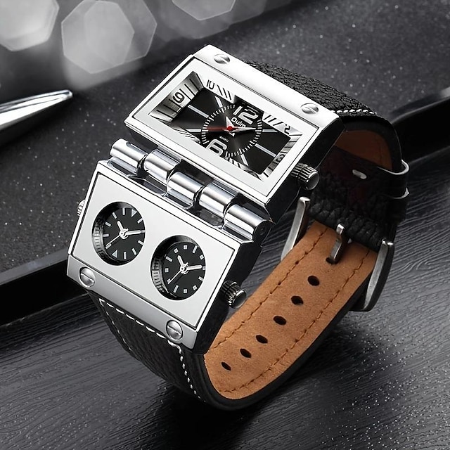  Oulm Quartz Watches for Men Sports Mens Wristwatch Three Time Zone Casual Square Dial Unique Leather Watch Male relogio masculino