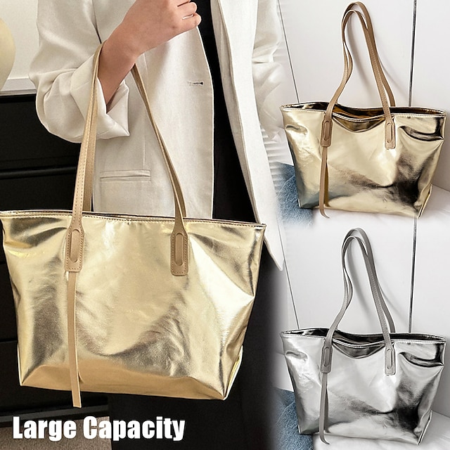  Women's Tote Shoulder Bag PU Leather Party Daily Holiday Zipper Large Capacity Waterproof Lightweight Solid Color Silver Gold