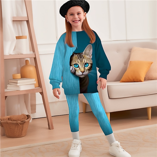  Girls' 3D Cartoon Cat Sweatshirt & Pants Long Sleeve 3D Print Fall Winter Active Fashion Daily Polyester Kids 3-12 Years Outdoor Date Vacation Regular Fit
