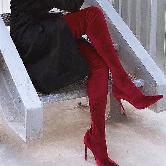  בגדי ריקוד נשים מגפיים מידות גדולות יומי צבע אחיד מגפיים מעל הברך מגפיים גבוהים לירכיים חורף עקב סטילטו בוהן מחודדת סקסי סוויד רוכסן שחור אדום כחול