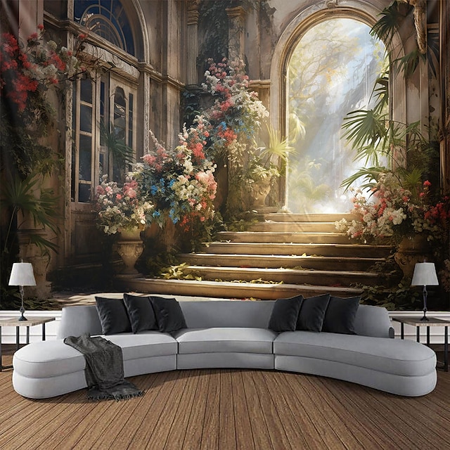 Floral Castle Stairs Hanging Tapestry Wall Art Large Tapestry Mural ...