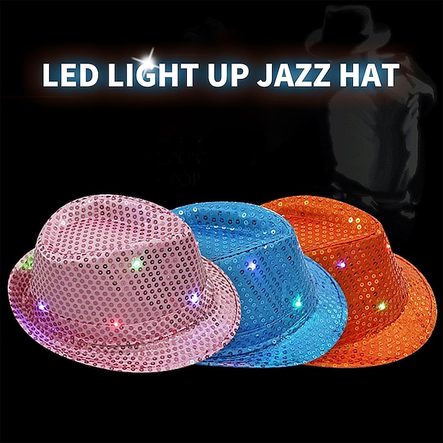  قبعة الجاز اللامعة المبتكرة ، الهيب هوب ، عرض الرقص ، قبعة الجاز ، الترتر ، توهج في الظلام ، أزياء فيدورا المضيئة ، الدعائم المسرحية
