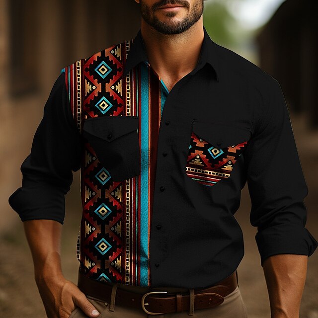 Men's Tribal Graphic Prints Vintage Shirt Western Shirt Cowboy Shirt Long Sleeve Fashion Streetwear Designer Outdoor Daily Fall & Winter Turndown Print Red Blue3