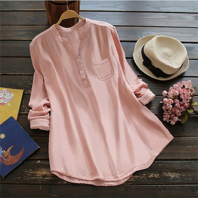 Shirt Blouse Women's White Pink Dark Blue Solid Color Button Pocket ...