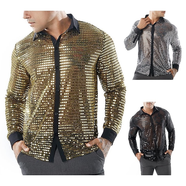  Retro Vintage 1970s Disco Cosplay Men's Sequins Solid Colored Halloween Performance Party / Evening Stage Shirt Summer