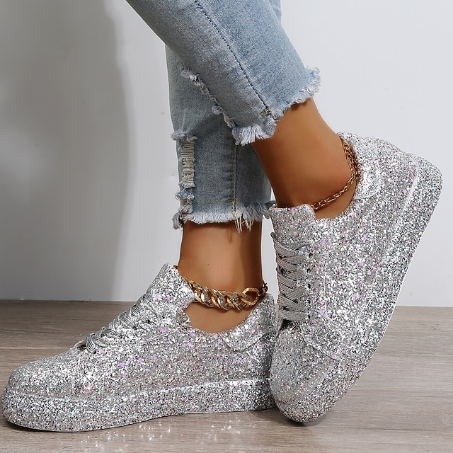 Silver Lace-Up Platform Athletic Shoes – Sporty Shine