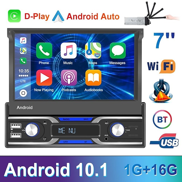  7 pollici 1din Android 10.1 autoradio autoradio touch screen lettore multimediale per auto supporta la riproduzione wireless dell'auto e funzioni automatiche Android navigazione GPS telecamera