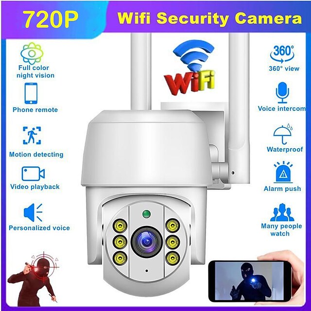  720P Security Camera Wireless WiFi PTZ Camera Outdoor Waterproof Camera Full Color Night Vision Two-Way Audio Monitoring Auto Tracking CCTV Video Surveillance Camera