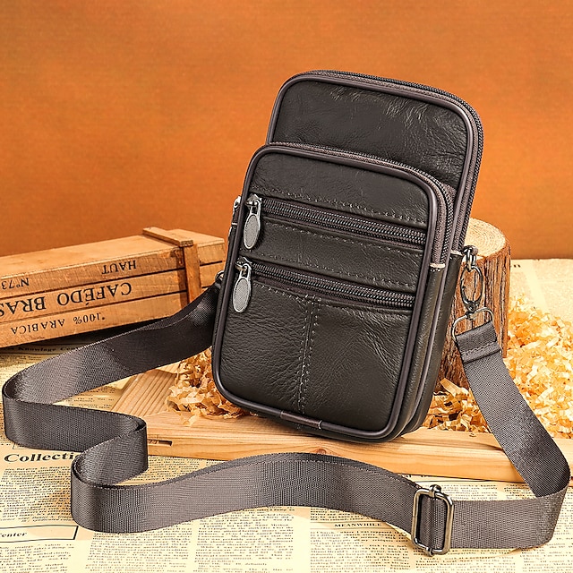  crossbody-väska i äkta läder för män - retro första lager axelväska med dragkedja i kohud för snygg och hållbar telefonväska