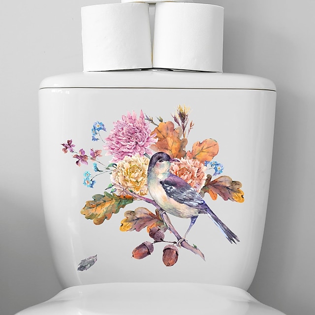  birds flowers toiletsædelåg klistermærker, selvklæbende badeværelse wallsticker, blomsterfugle sommerfugle toiletsædedecals, gør-det-selv aftagelig vandtæt toiletklistermærke, til badeværelsescisterneindretning