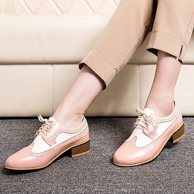  Women's Heels Oxfords Brogue Wingtip Shoes Vintage Shoes Party Outdoor Daily Summer Chunky Heel Round Toe Elegant Vacation Cute Leather Lace-up Pink Blue Black Heels