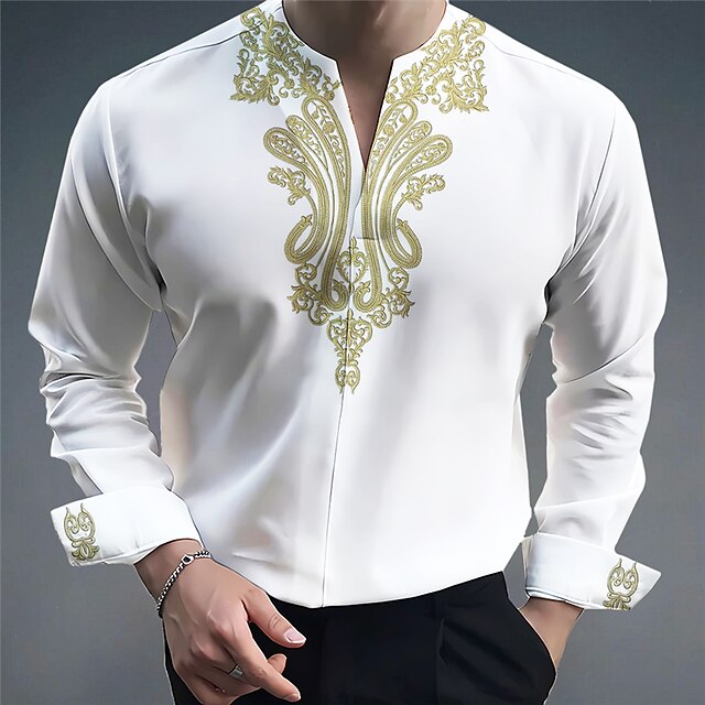 Men's Shirt Button Up Shirt Long Sleeve Fashion Streetwear Designer Outdoor Casual Daily Summer Fall V Neck Print White Khaki3