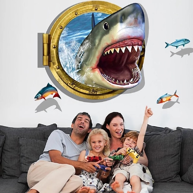  Fierce Shark 3D-Wandaufkleber, PVC, Heimdekoration, Wandkunst, Kinderzimmer, Wohnzimmer, Dekoration, Aufkleber, Hai, 3D-Wohnzimmer, Sofa, Schlafzimmer, Badezimmer, umweltfreundlicher, abnehmbarer