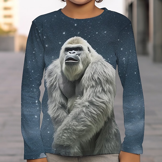  Drenge 3D Dyr Bjørn Orangutang T-shirt Langærmet 3D-udskrivning Efterår Vinter Sport Mode Gade Polyester Børn 3-12 år udendørs Afslappet Daglig Regulær