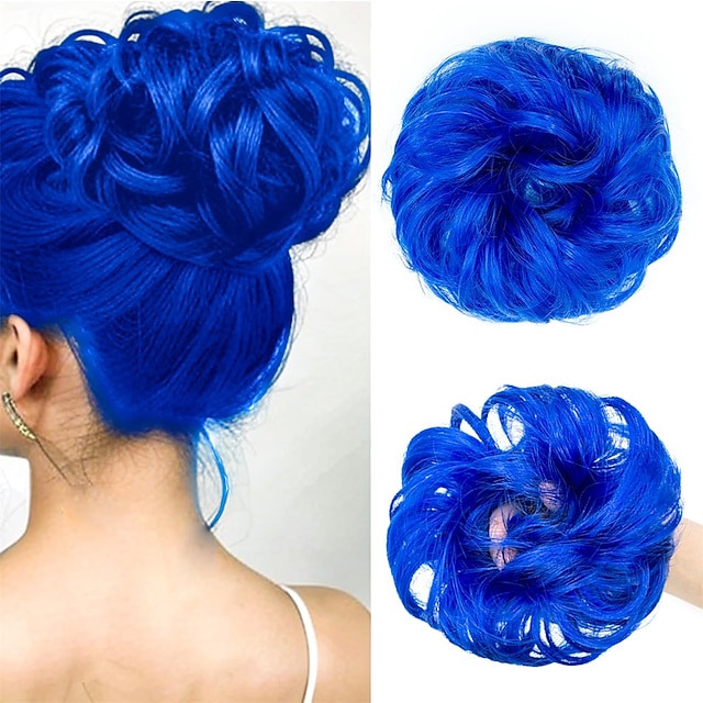  Messy Bun Hair Piece Blue Hair Bun Hair Pieces for Women Girls Synthetic Wavy Curly Hair Bun Scrunchies Ponytail Extensions
