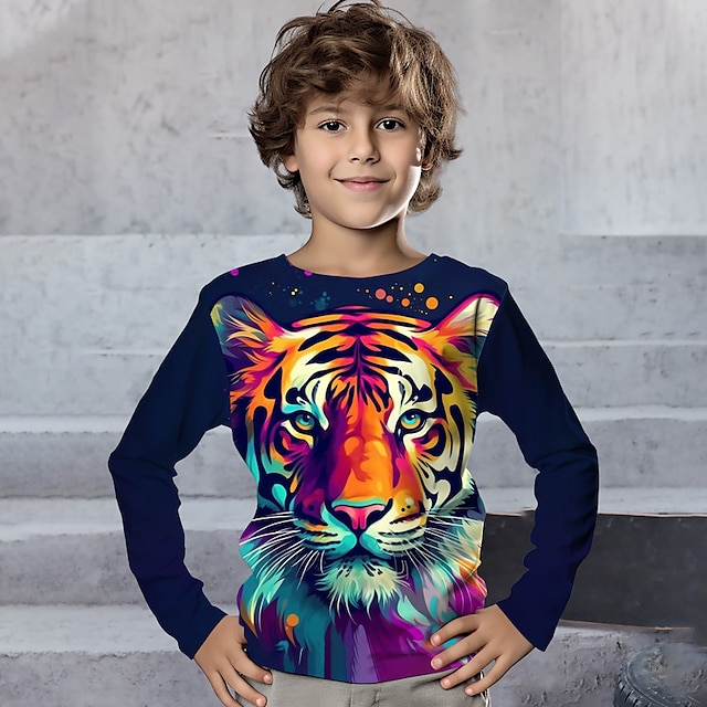  Boys 3D Graphic Animal Tiger T shirt Tee Long Sleeve 3D Print Summer Spring Fall Sports Fashion Streetwear Polyester Kids 3-12 Years Outdoor Casual Daily Regular Fit