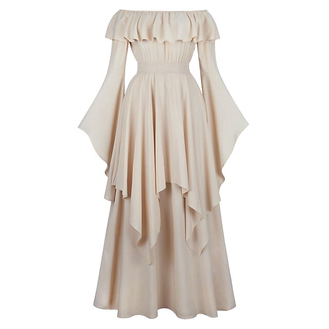 Elegante Medieval Renacimiento Vestido Cóctel Vestido inspirado en la regencia Manga Farol Vikingo élfico Hombros Caídos Color sólido Mujer Celta Pirata Fantasía Víspera de Todos los Santos Carnaval