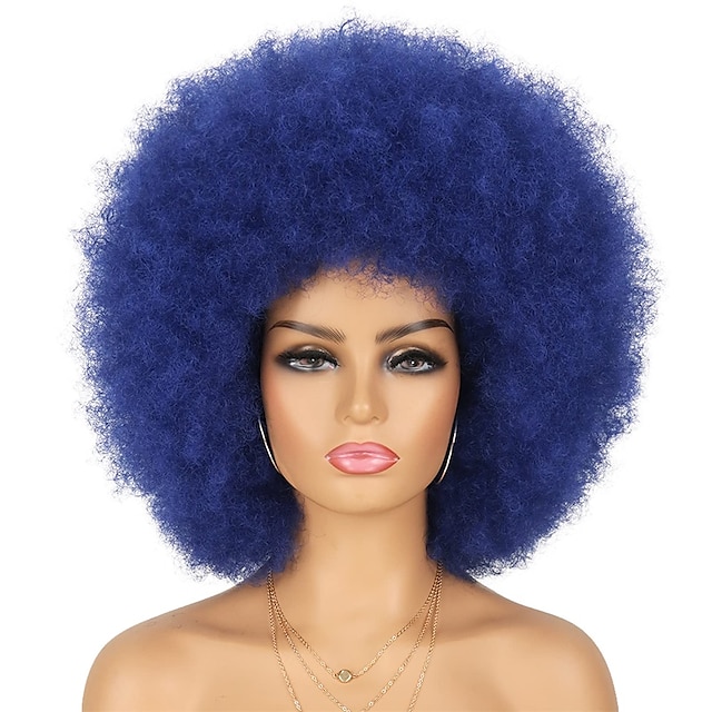  peruca 70s afro peruca para mulheres negras sem cola usar e ir peruca cor azul escuro traje perucas de halloween peruca curta afro disco peruca sintética inchada resistente ao calor perucas de festa