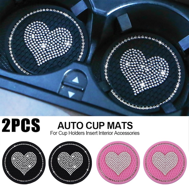  2PCS Heart Shape Car Diamond Coaster Water Cup Slot Non-Slip Mat Silica Pad Cup Holder Mat Auto Interior Decoration Accessories