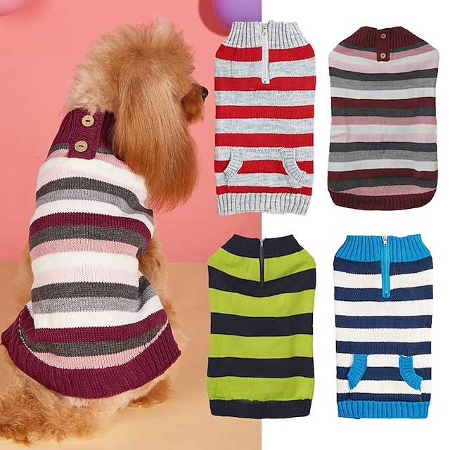  ropa para perros suéteres para perros ropa para mascotas nuevo punto elástico alto ajuste delgado bolsillo con cremallera color de contraste clásico rayas gruesas y delgadas suéter para perros