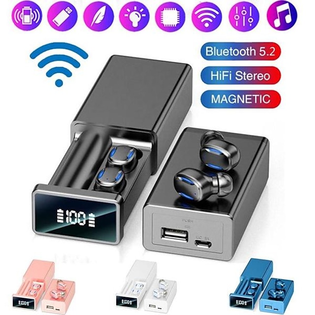  4 צבעים סטריאו tws אלחוטי Bluetooth 5.2 אוזניות אטומות למים אוזניות ספורט מיני אוזניות אוזניות cvc8.0 ביטול רעשים עם מיקרופון תיבת טעינה עם תצוגת LED לסמארטפונים