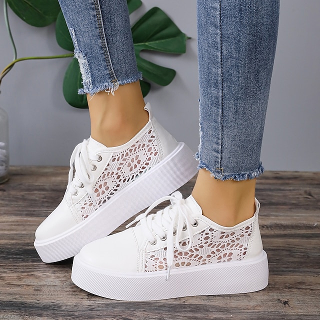  Pentru femei Adidași Papuci din Pânză Adidași cu platformă Pantofi albi În aer liber Zilnic Culoare solidă Împletit Vară Dantelă Platformă Vârf rotund Casual Boemia minimalism Tenis Plimbare Plas