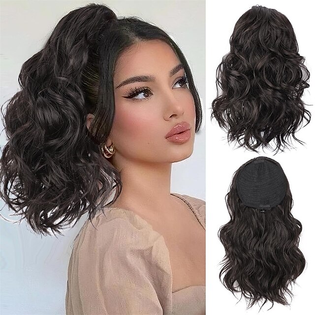 Grey Ponytail Extension for Women 14 Inch Short Curly Wavy Drawstring Ponytail Synthetic Clip in