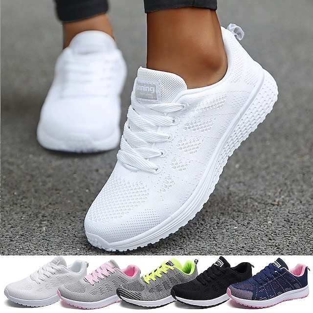  Women's Sneakers Plus Size Outdoor Daily Color Block Flat Heel Round Toe Fashion Sporty Casual Running Walking Tissage Volant Lace-up Black White Blue