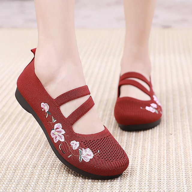 Women's Flats Flyknit Shoes Daily Summer Flat Heel Round Toe Casual Comfort Tissage Volant Loafer Black Red Purple