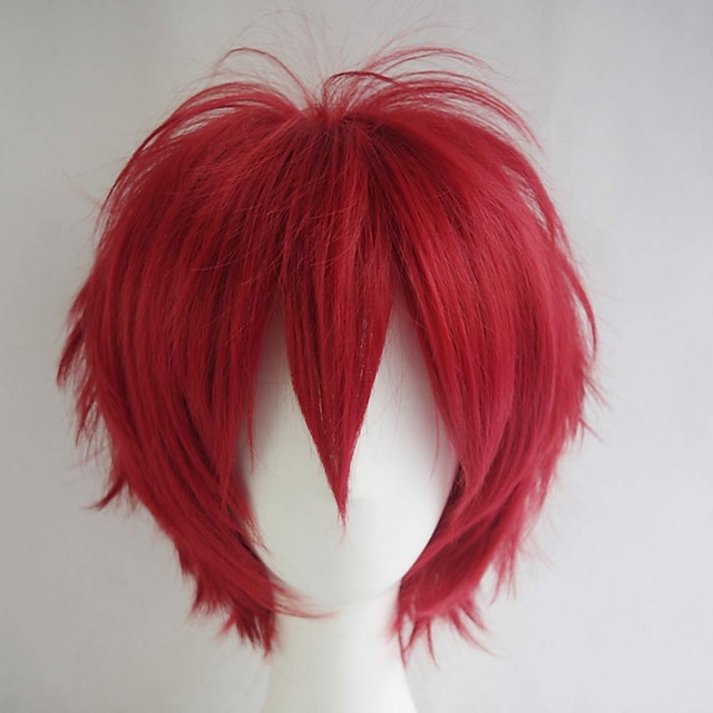  kort röd peruk fluffig helhuvud peruk män kvinnor taggigt hår anime cosplay peruk lurvig peruk röd vuxna barn