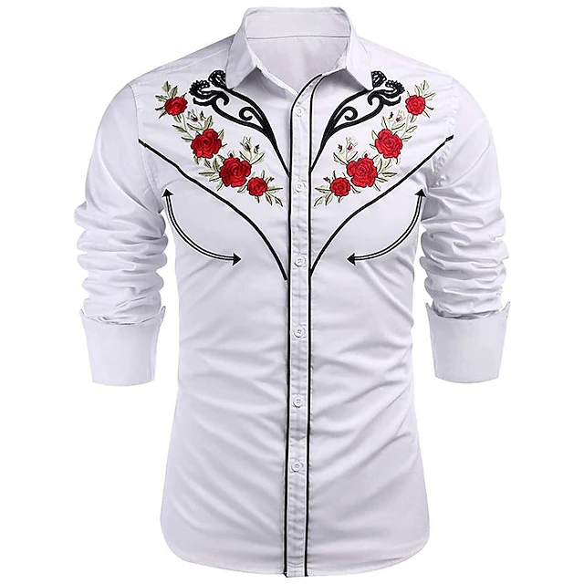 Men's Shirt Western Shirt Floral Graphic Prints Turndown Red / White ...