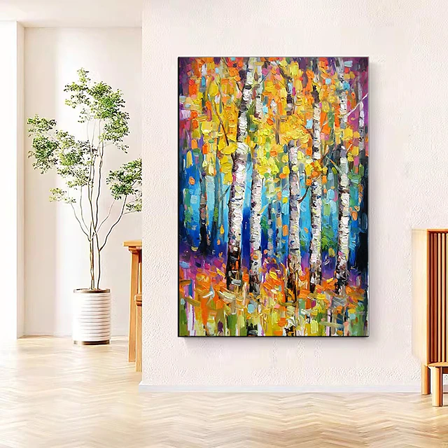 Handmade Hand Painted Oil Painting Wall Art Spring Birch Forest Painting On Canvas Modern Texture Green Tree Painting Decor Rolled Canvas No Frame Unstretched 15