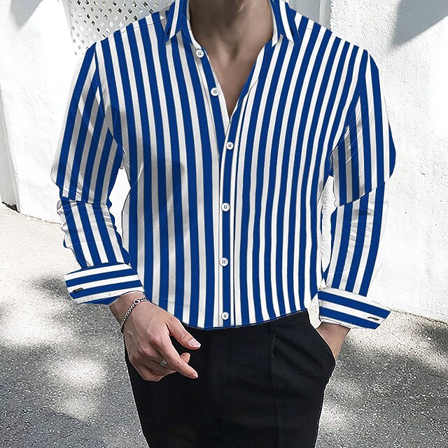 Men's Dress Shirt Striped Shirt Button Down Shirt Collared Shirt Black White Red Navy Blue Long