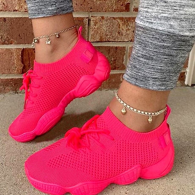  Women's Sneakers Pink Shoes Plus Size Comfort Shoes Outdoor Daily Solid Color Summer Flat Heel Round Toe Fashion Casual Comfort Running Tissage Volant Loafer fluorescent green Black Pink