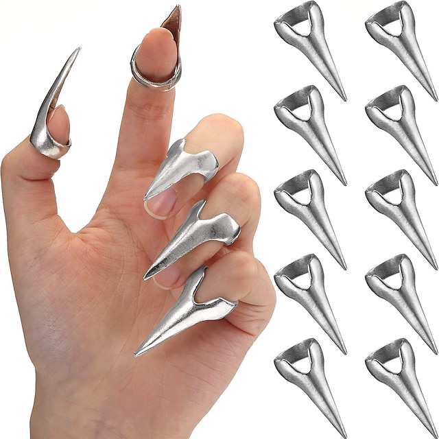  10 Stück Fingerkrallen, Cosplay-Krallen, Ringe, vollständiges Finger-Set, Retro-Metallnagel, Punkrock, Nagelfingerrüstung, Gothic-Krallennagel, Fingerspitzenklaue für Cosplay, Nagelkunst, Halloween,